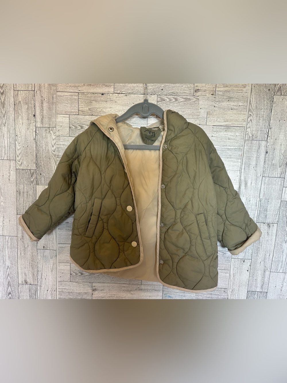 Zara Kids Olive Quilted Coat with Cream Lining size 18-24 months